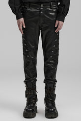Black Metal Buckles Faux Leather Men's Steampunk Pants
